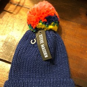 Steve Madden navy blue and rainbow Pom winter hat